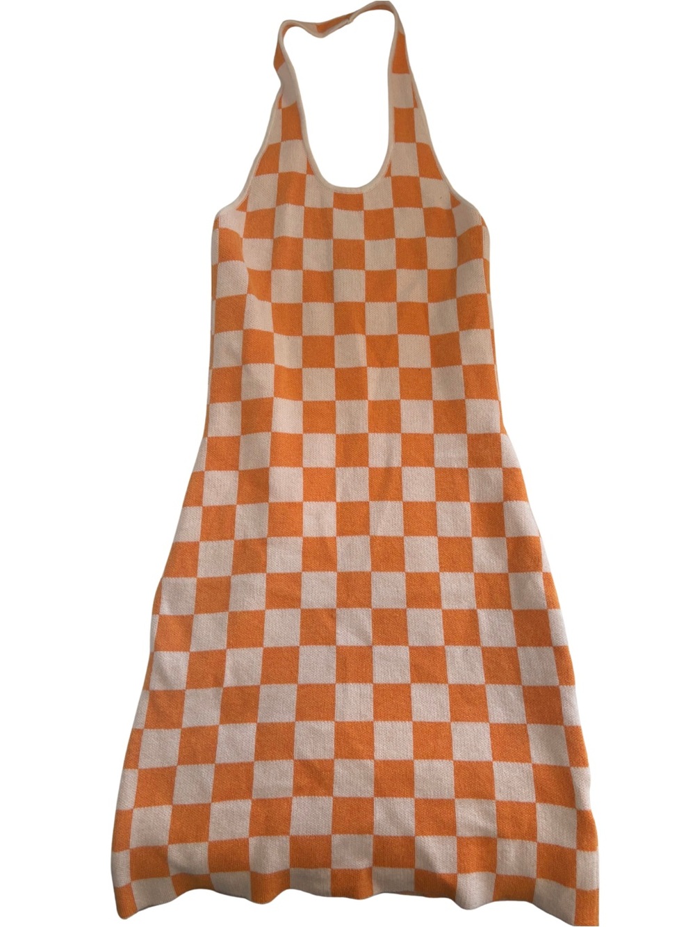 Princess Polly Checkered Orange and Pale Pink Bodycon Halter Mini Dress